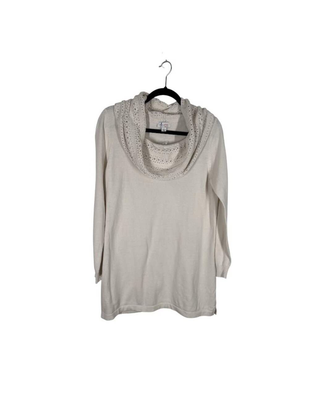 Denim & Co. Women L Ivory Cotton Textured Crochet Cowl Neck Tunic Top NWOT